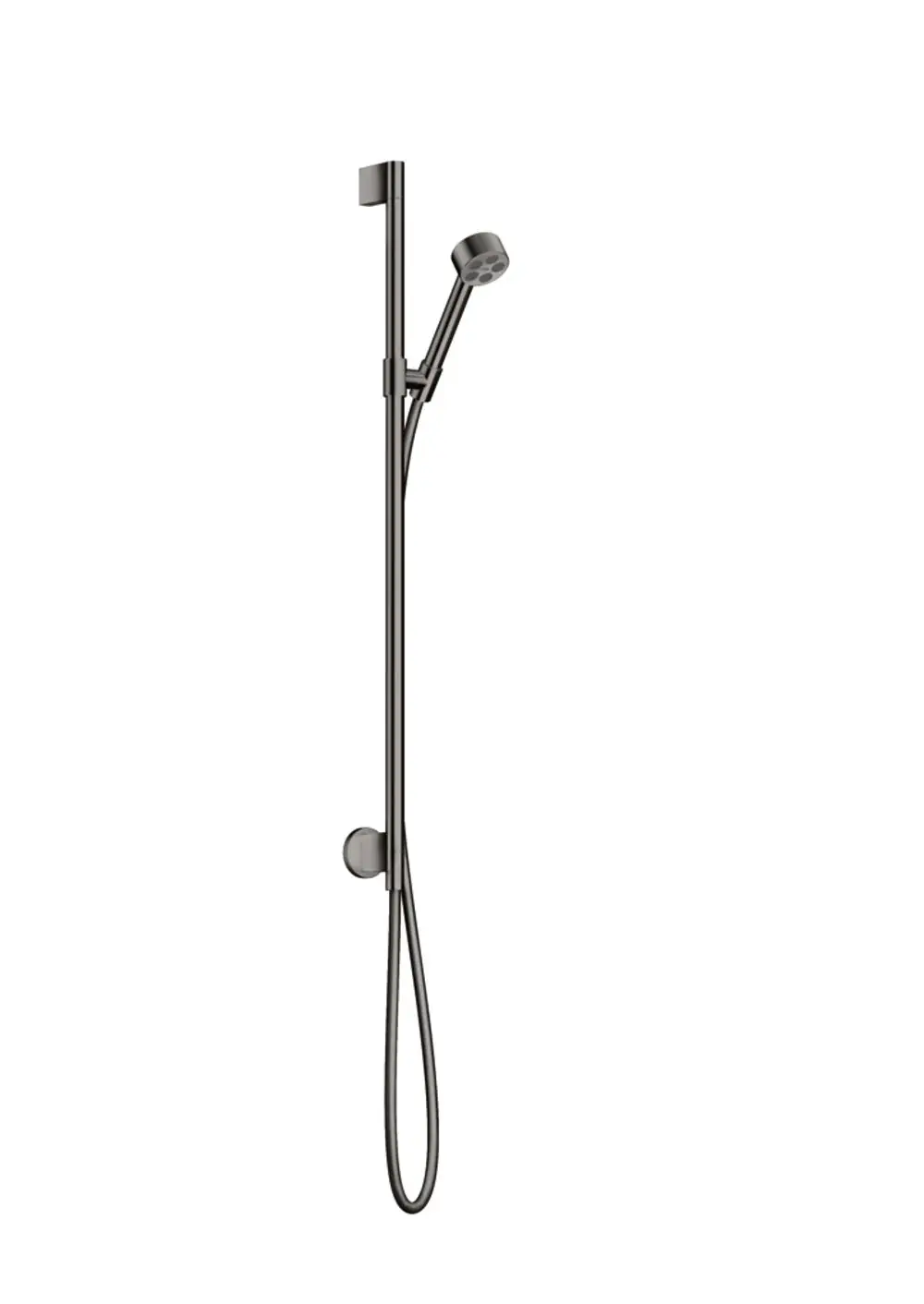 Brauseset in Polished Black Chrome von AXOR, bestehend aus einer vertikalen Halterung und einer Handbrause. Wandanschluss sichtbar, minimalistisches Design.